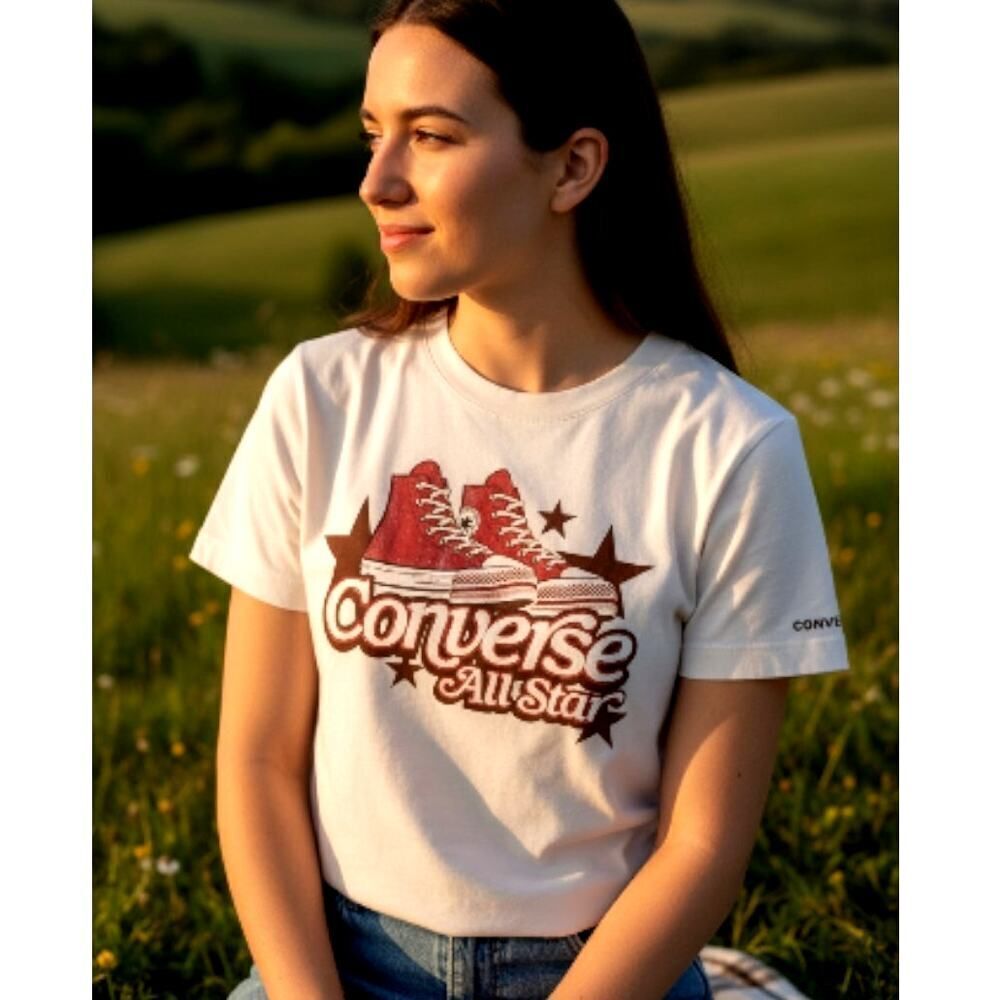Converse All Star Girls White w/ Red Puffy Logo Tee - Youth Medium